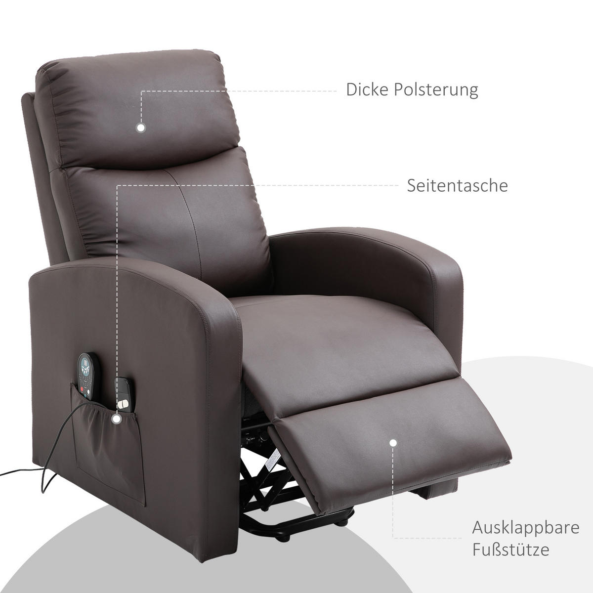 SESSEL mit Aufstehhilfe, Massagesessel mit Liegefunktion, Fernbedienung, Braun - Braun, Kunststoff (89/105/72cm) - HOMCOM