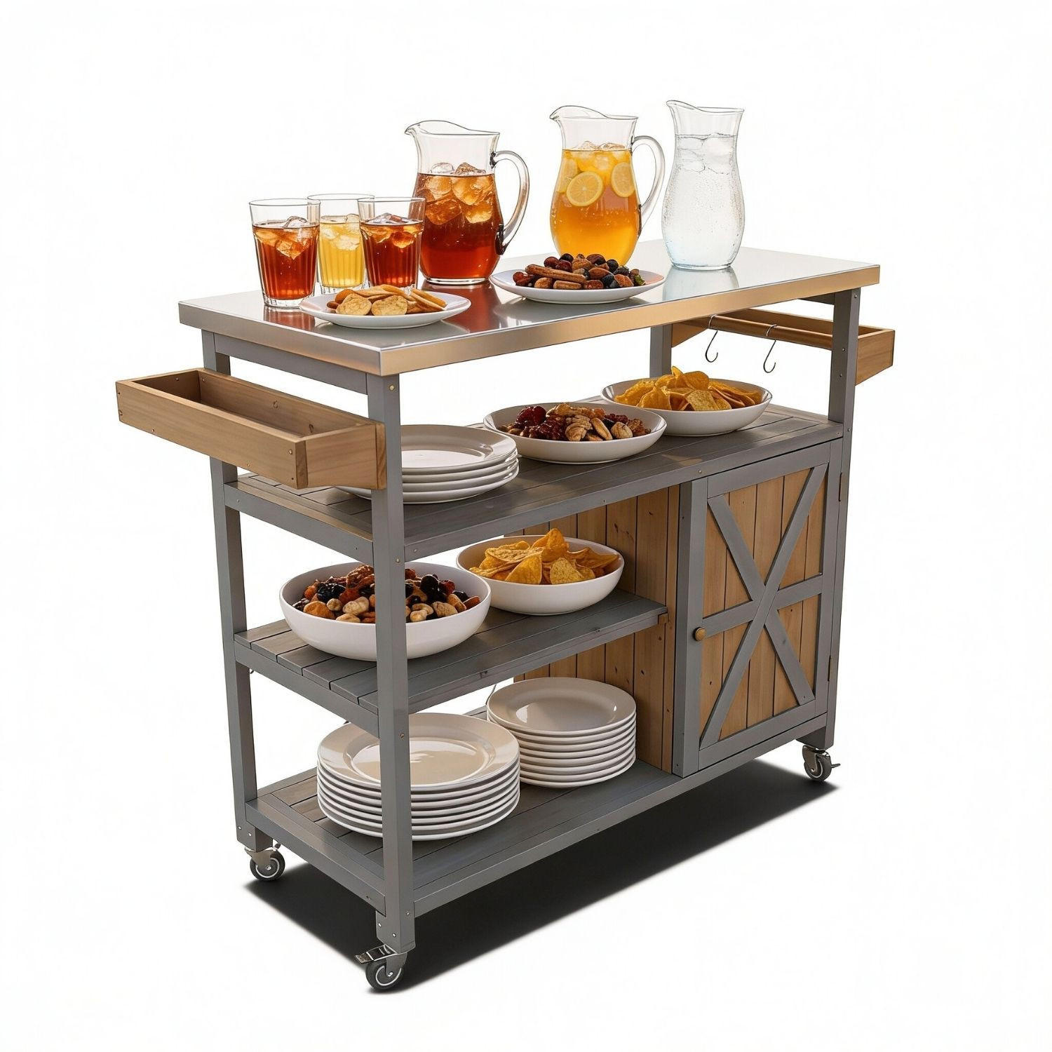 SERVIERWAGEN JAMES mit Rollen Outdoor 118/47/92 cm Farbe Grau - Grau, Holz (47/92/118cm) - Coemo