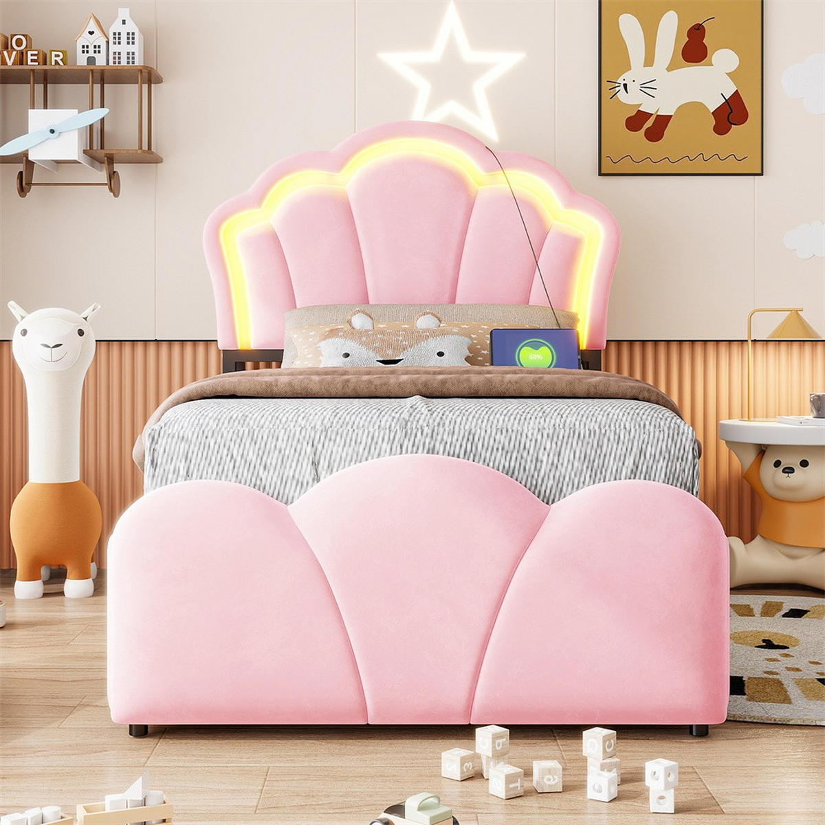 POLSTERBETT 90x200 cm mit hydraulischem Stauraum - LED Beleuchtung & Ladeanschluss - Rosa - ohne Matratze - Pink, Textil (90/200cm) - DELFA