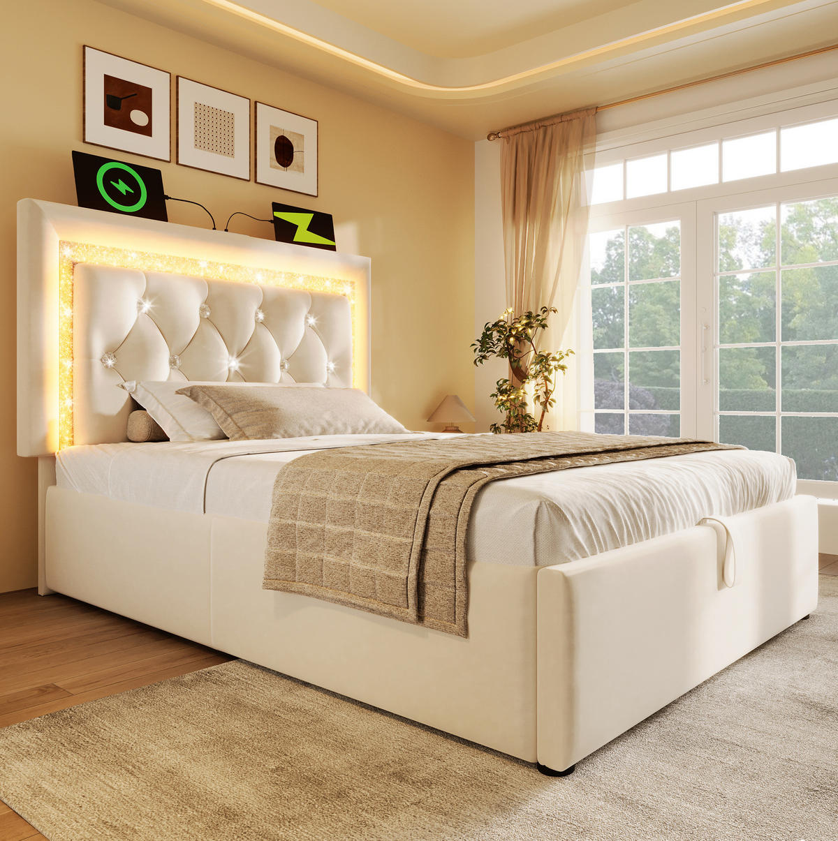 BETT mit LED, USB und Stauraum 90x200 cm Samt Beige - Beige, Metall (90/200cm) - Meubliv