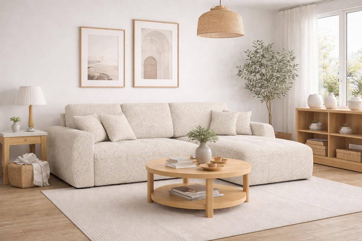 ECKSOFA Mit Schlaffunktion Und Bettkasten L-Form Ivo L, Chenille-Stoff Artico, Nata, Rechts - Beige, Holz (250/142cm) - Kaiser Möbel