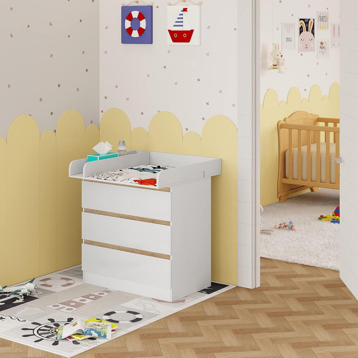 WICKELKOMMODE mit 3 Schubladen Weiß+Eiche 48 x 80 x 78 cm - Eichefarben, Holzwerkstoff (80/78/48cm) - Woltu