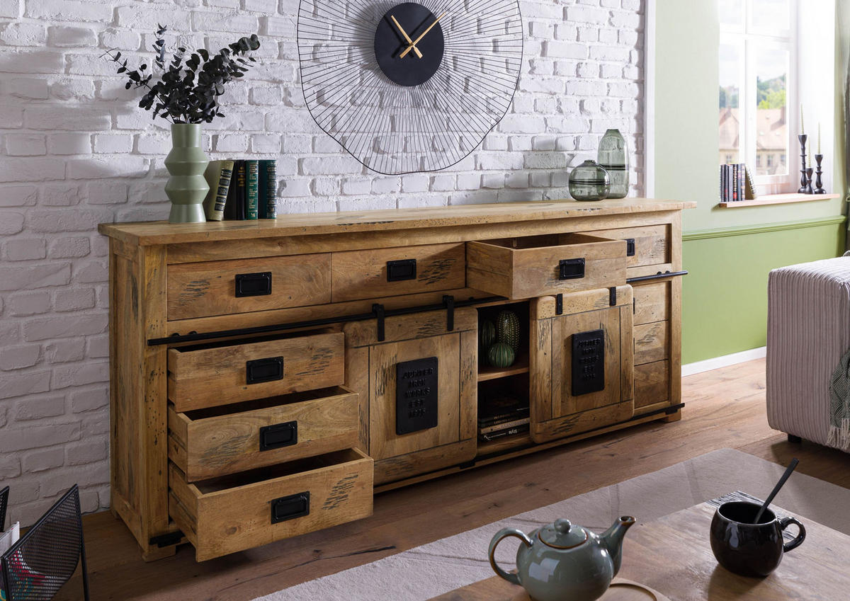 SIDEBOARD Mango 220x45x90 natur lackiert RAILWAY #192 - Naturfarben, Holz (220/90/45cm) - Massivmoebel24