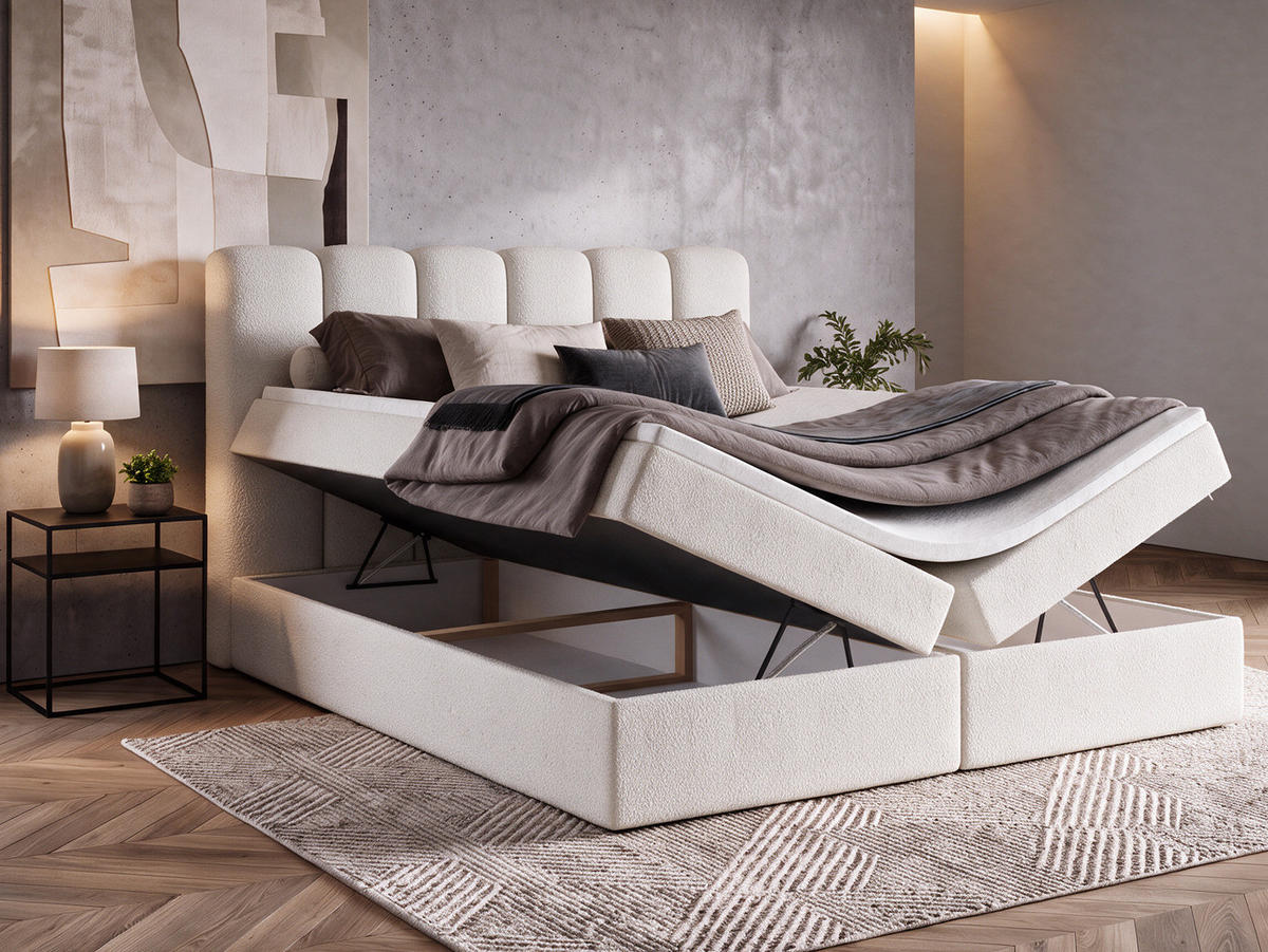 BOXBET NOLARO 160x200 cm Komplett-Set mit Bettkasten, Bonell-Matratze und Topper, Bouclé Weiß - Weiß, Textil (160/200cm) - Luxkor24