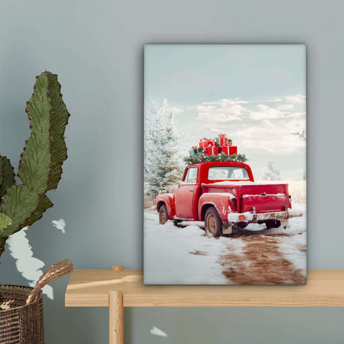 LEINWANDBILD Auto - Rot - Geschenke - Winter - Schnee - Weihnachten 20x30 cm - Rot, Textil (20/30cm) - MuchoWow