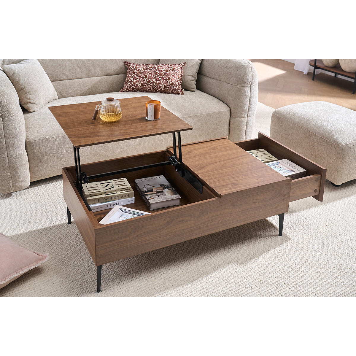 COUCHTISCH aus dunklem Holz mit Walnuss-Finish und schwarzem Metall, höhenverstellbar L103 cm SEDA - Walnussfarben, Holz (102.5/60.2/35.5cm) - Miliboo