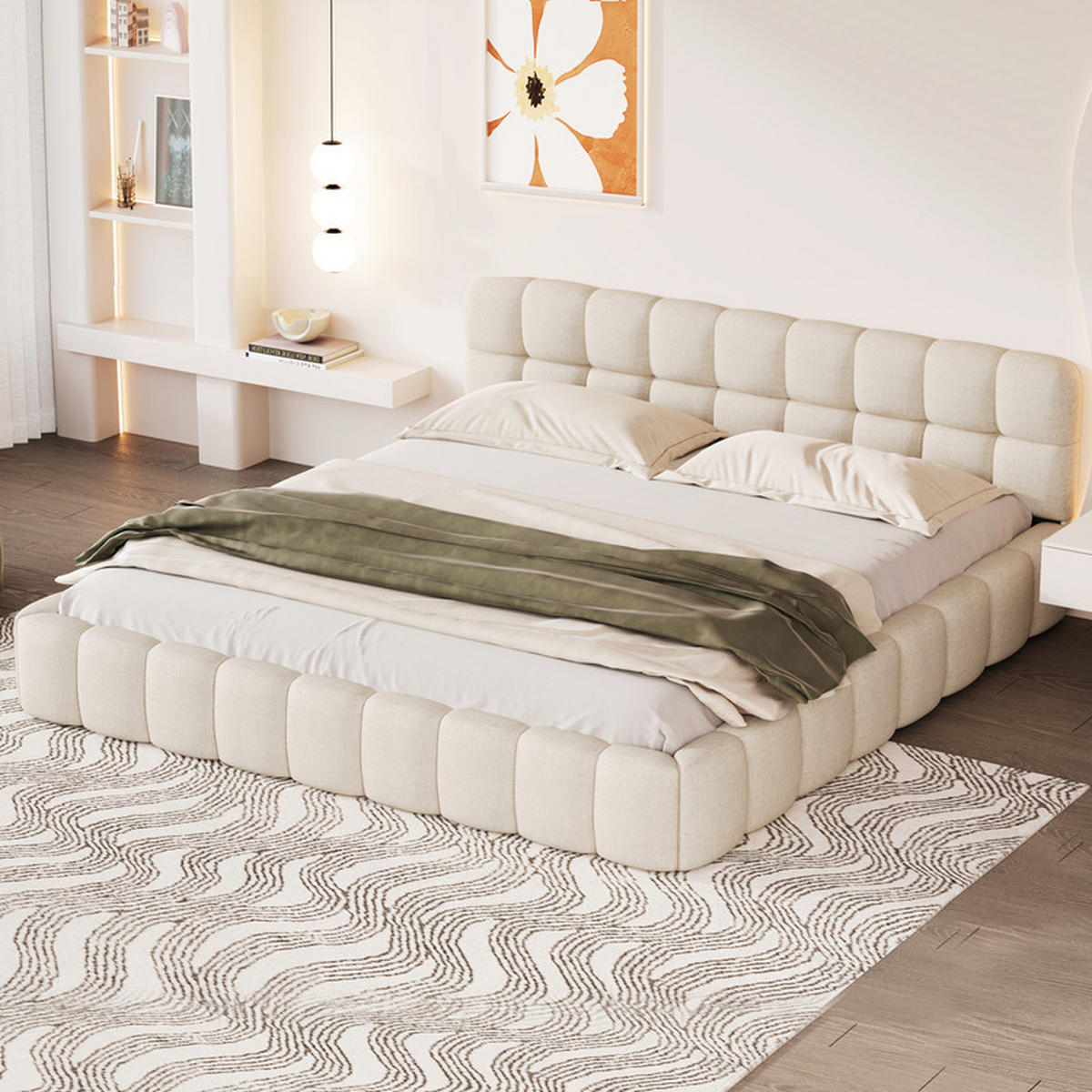POLSTERBETT 160x200cm, Beige, Leinen, mit Lattenrost, moderner Stil, Bettgestell, ohne Matratze - Beige, Holz (160/200cm) - WoodenAura