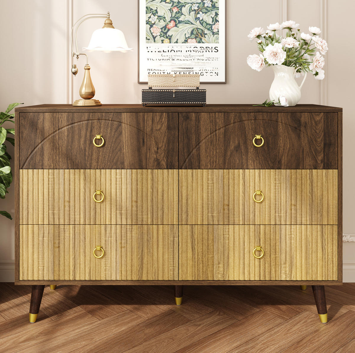 KOMODA 120/40/81 cm přírodní z MDF a dřevotřísky se 6 zásuvkami - přírodní, kompozitní dřevo (120/81/40cm) - OKWISH
