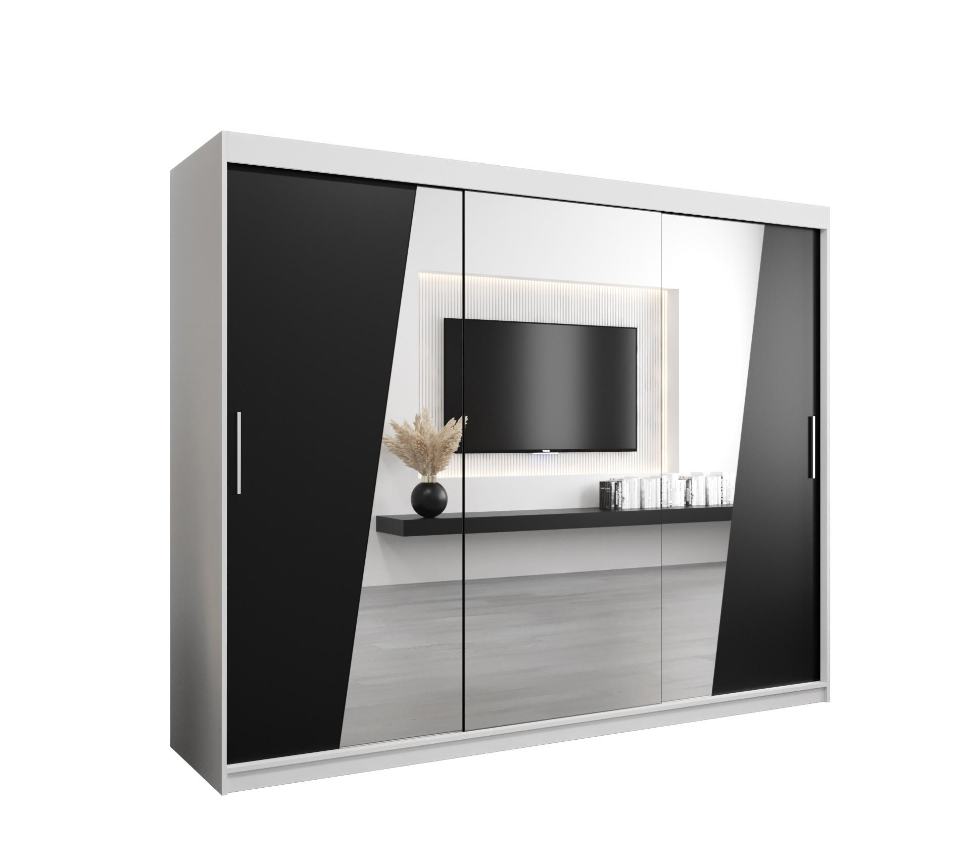 Abiks Möbel Schwebetürenschrank Weiß, Schwarz 250x200x62 cm
