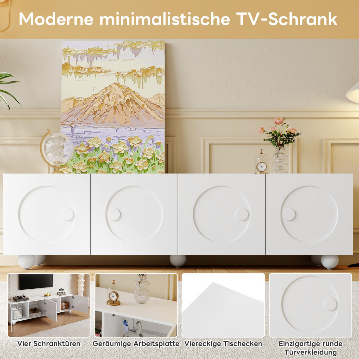 LOWBOARD 180.5/38/50 cm Weiß aus MDF und Holzwerkstoff mit 3D-Rundrelief-Türen - Weiß, Holzwerkstoff (38/50/180.5cm) - OKMYHOME