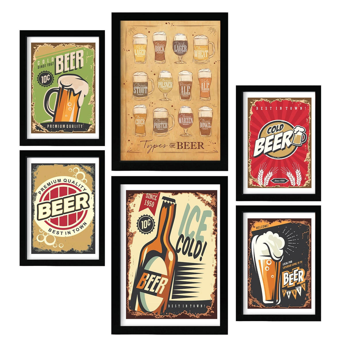 POSTER Set Mit 6 Bier Schilder Vollfarbige Illustrationen Von Kaffee & Getränken Im Werbetafel Illustrationen Für & Heim A3 & A4 Schwarzer Rahmen - Schwarz, Papier (29/3cm) - Nacnic