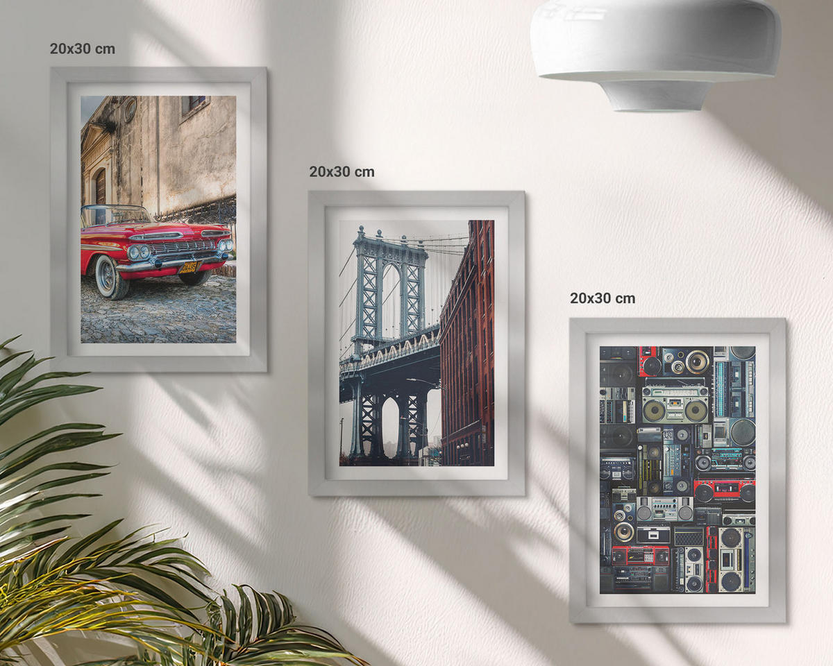 BILDER SET 3er Set - 20x30 cm Silberner Rahmen - Alte Autobrücke Brooklyn Retro-Audio - Silberfarben, Kunststoff (20/30cm) - TULUP