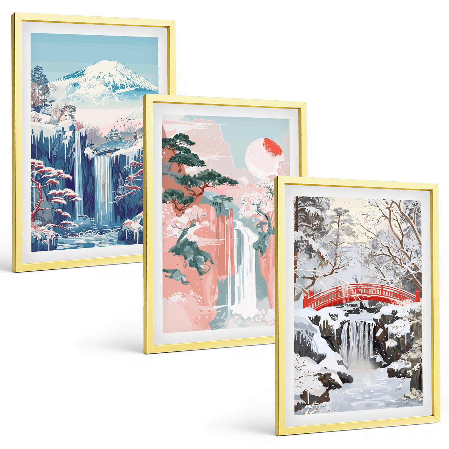 BILDER SET 3er Set - 40x60 cm Goldrahmen - Berglandschaften, Wasserfälle - Goldfarben, Kunststoff (40/60cm) - TULUP