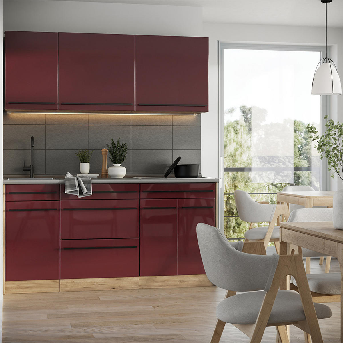 SINGLEKÜCHE R-Line, Rot Hochglanz/Goldkraft Eiche, 160 cm Arbeitsplatte Anthrazit - Honigeiche/Rot, Holzwerkstoff (160/81.6/60cm) - Vicco