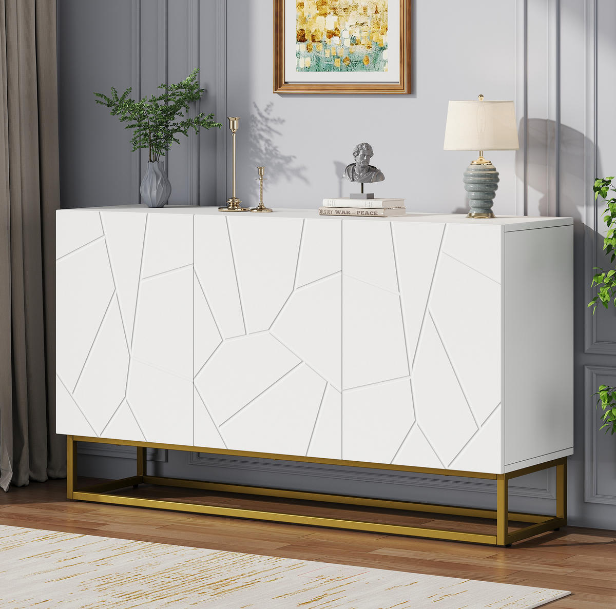 ANRICHTE 130/38/76 cm in Weiß/Gold mit Hochglanzfront und 3 Türen - Weiß, Holzwerkstoff (130/76/35cm) - Flora Grace