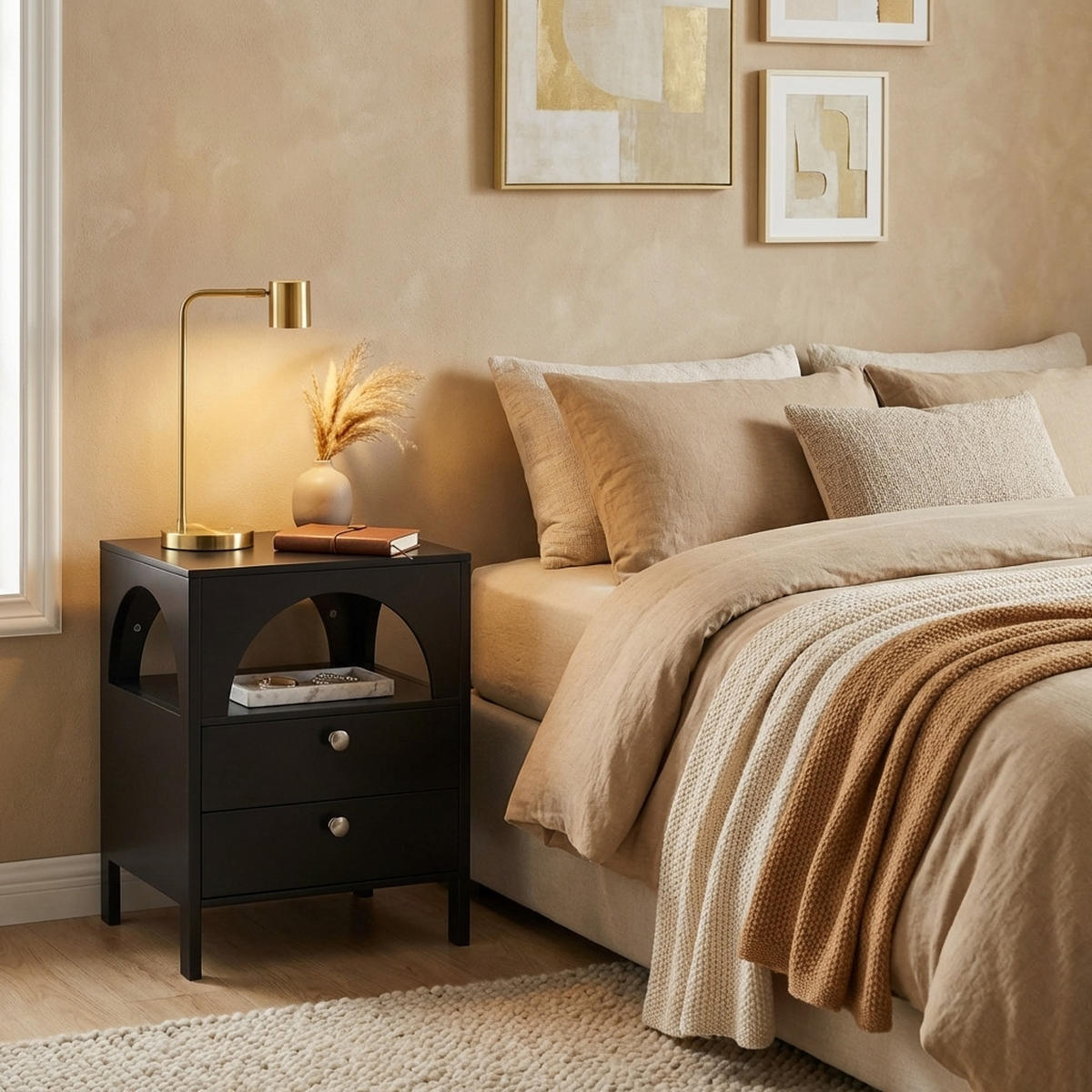 NOČNÍ STOLEK černý 45 cm se 2 zásuvkami a otevřenou přihrádkou - černá, kompozitní dřevo (45/58/40cm) - Urban Meuble