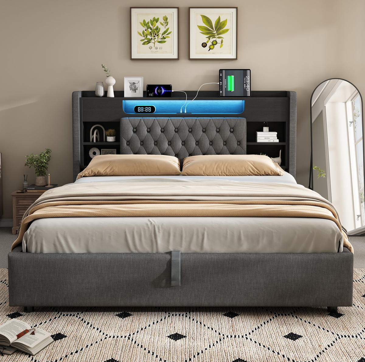 POLSTERBETT 180x200 cm in Grau mit Bettkasten, LED, USB- und USB-C-Anschlüssen - Grau, Textil (180/200cm) - IVMEU