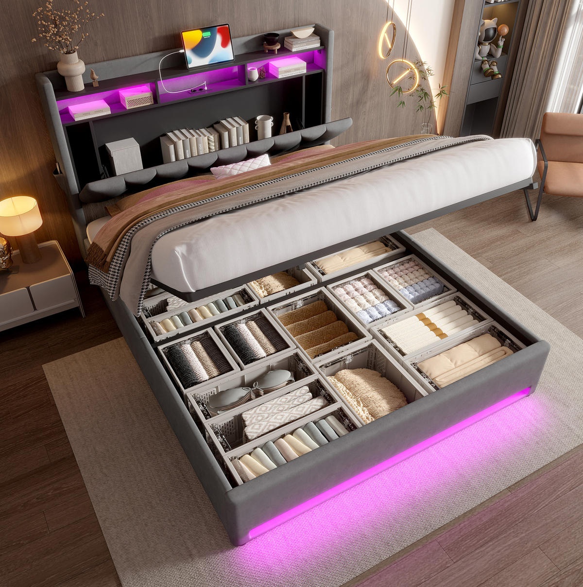 POLSTERBETT 160/200 cm mit LED-Beleuchtung, USB- und Type-C-Anschluss, Stauraum-Kopfteil und Bettkasten, Dunkelgrau - Dunkelgrau, Textil (160/200cm) - Redom