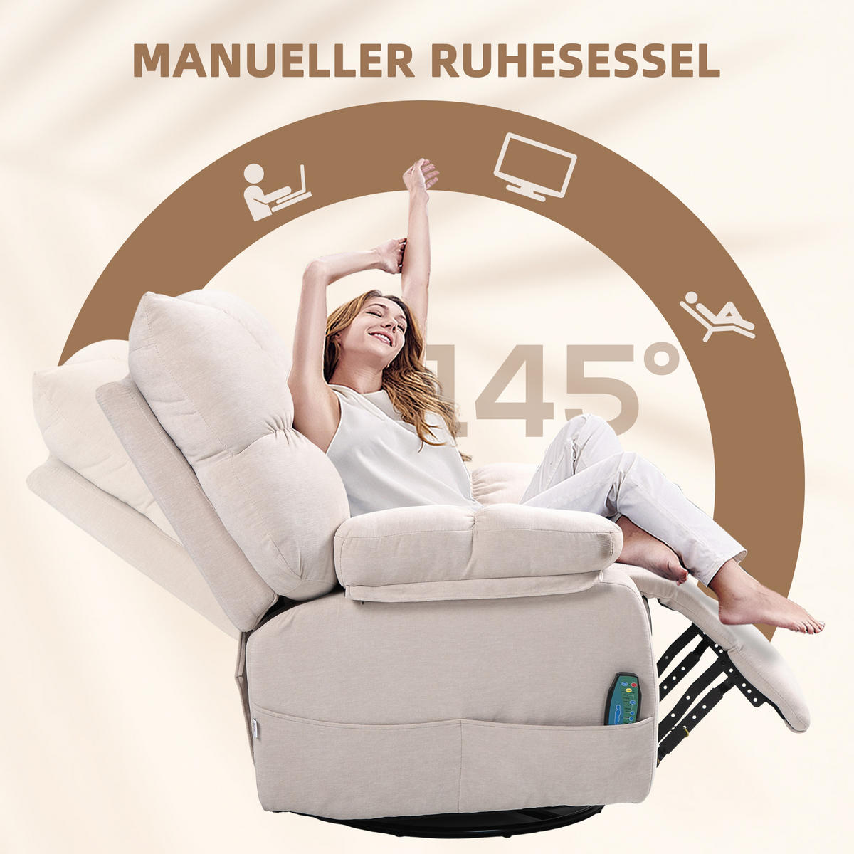 RELAXSESSEL mit Massagefunktion, Elektrisch Fernsehsessel mit Wärmfunktion - Beige/Schwarz, Textil/Metall (90/98/98cm) - HOMCOM