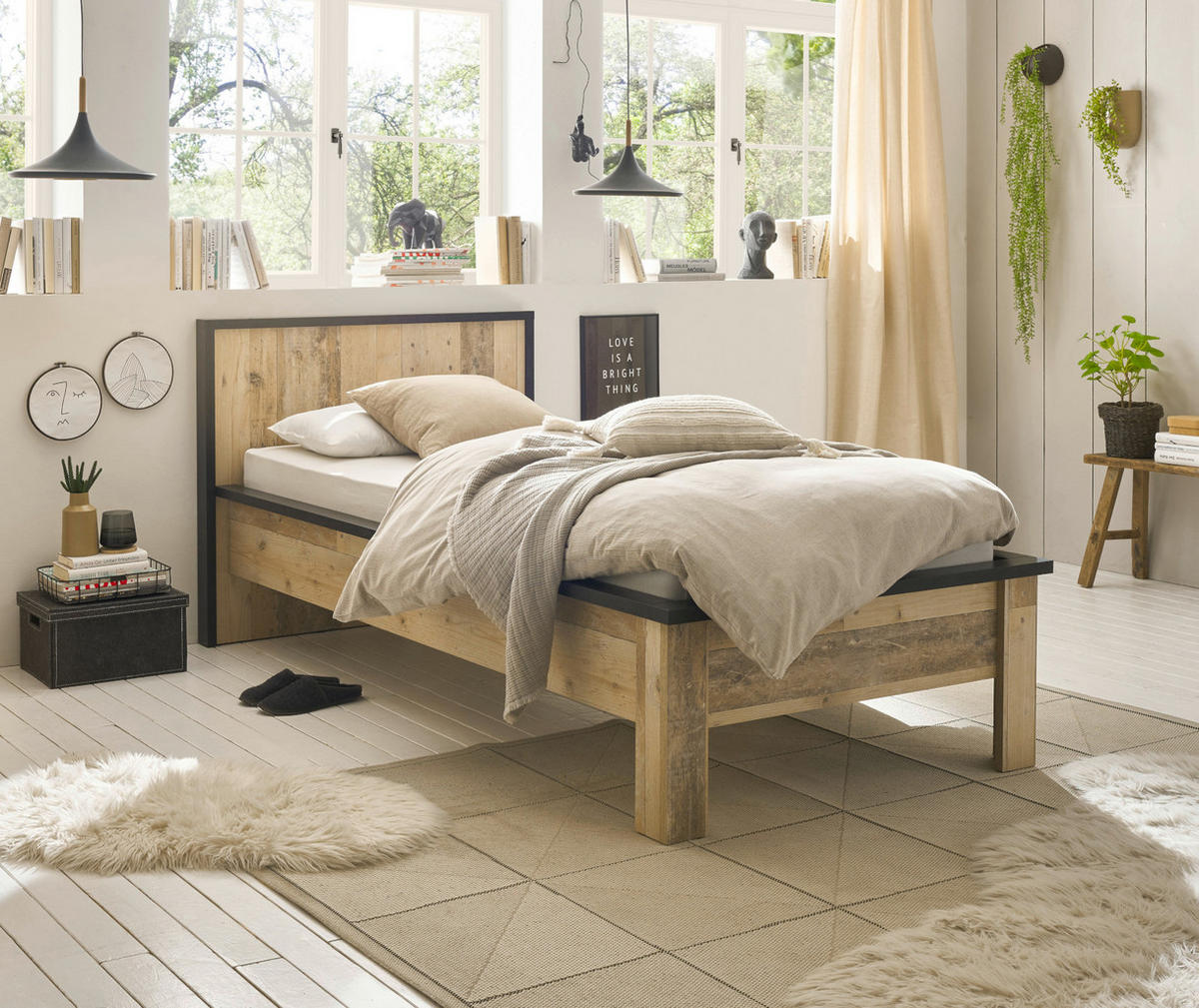 BETT Used Wood hell, dunkles Grau, Einzelbett Liegefläche 90 x 200 cm - Dunkelgrau/Naturfarben, Holzwerkstoff/Metall (90/200cm) - Furn.Design