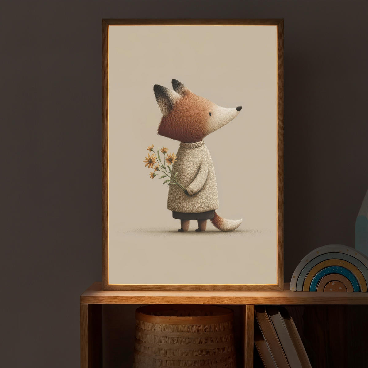 NÁSTĚNNÁ LAMPA S AKUMULÁTOREM Liška - Žluté květy - Minimalistický 40x60 cm - šedohnědá, kompozitní dřevo (40/60/8cm) - OnlyWow