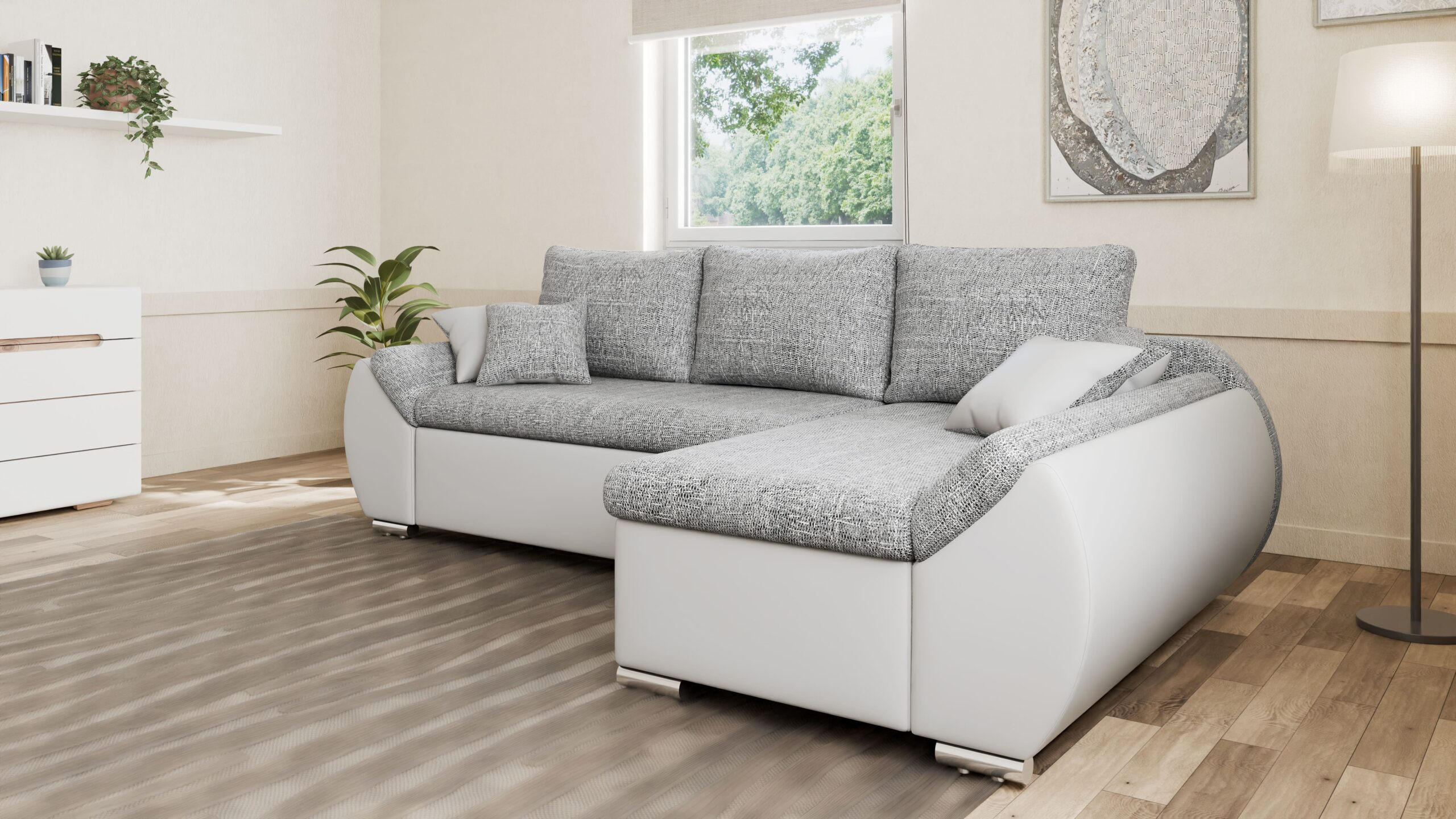 ECKSOFA - ALEX – Grau + Weiß (Lawa 05 + Soft 17) - Rechts - Weiß, Holzwerkstoff/Metall (275/155cm) - Möblo