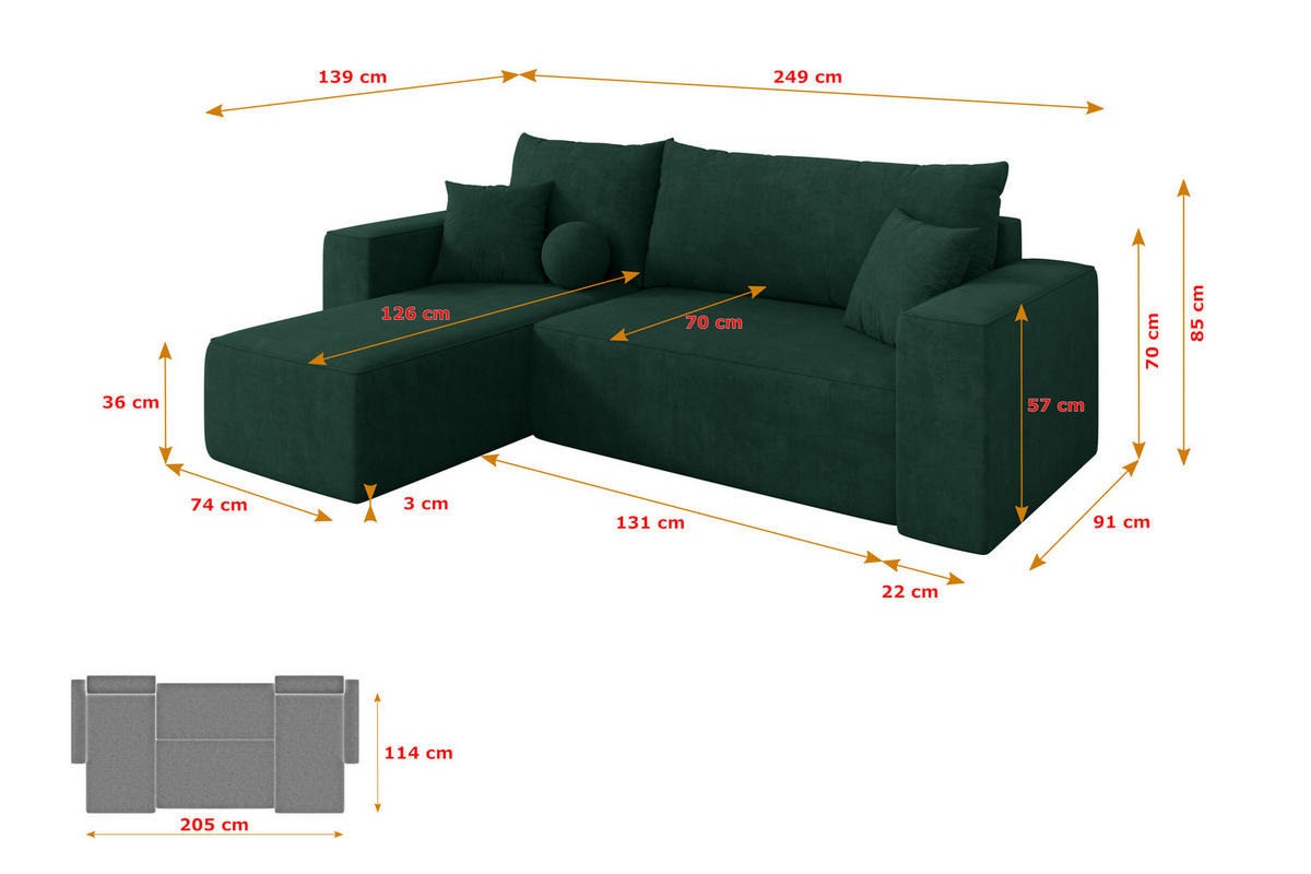 ROHOVÁ SEDAČKA s funkcí spaní, otoman vlevo SENO-L 249x139x85 zelená velur - černá/zelená barva, kompozitní dřevo/textil (249/139cm) - ALTDECOR