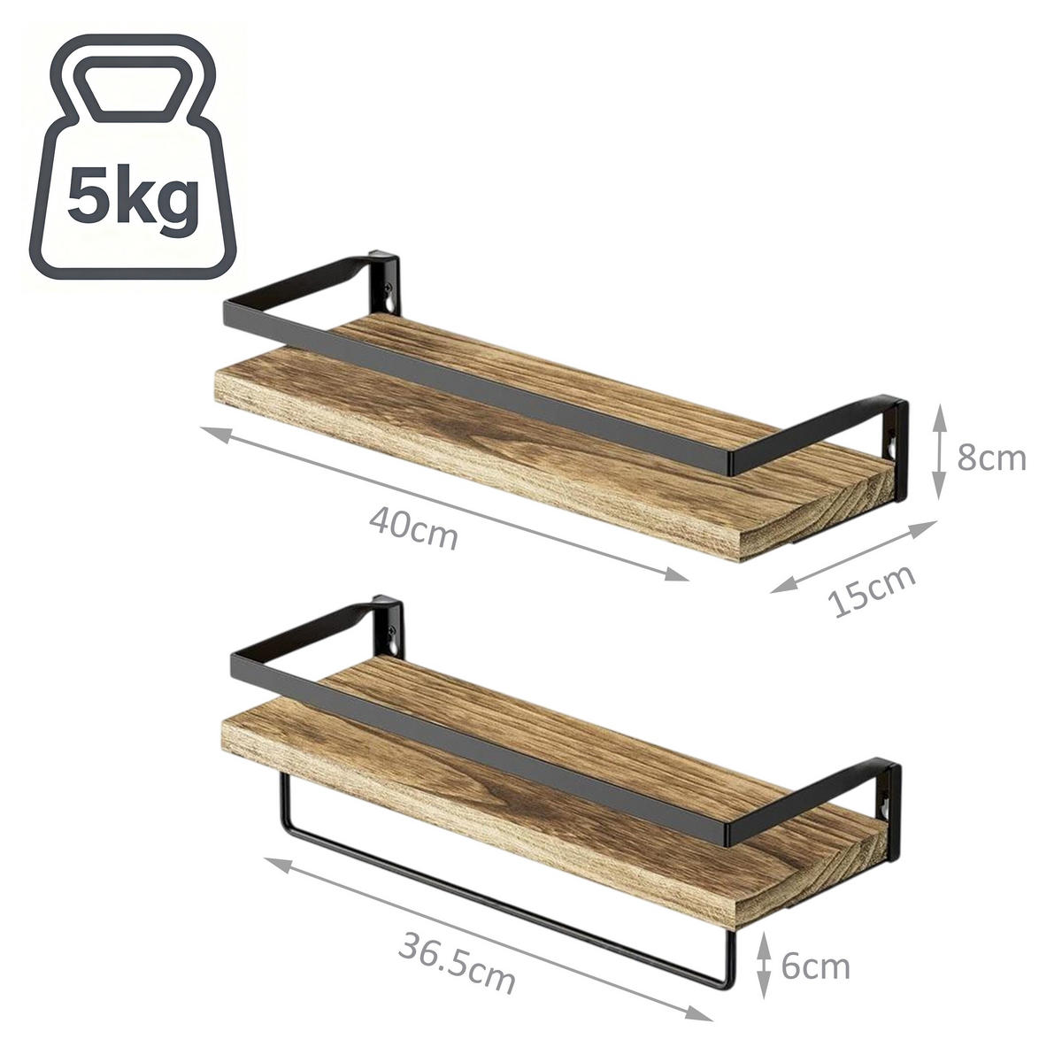 2-DIELNE nástenné police - svetlohnedá, kov/drevo (40/13.5/15cm) - Relaxdays