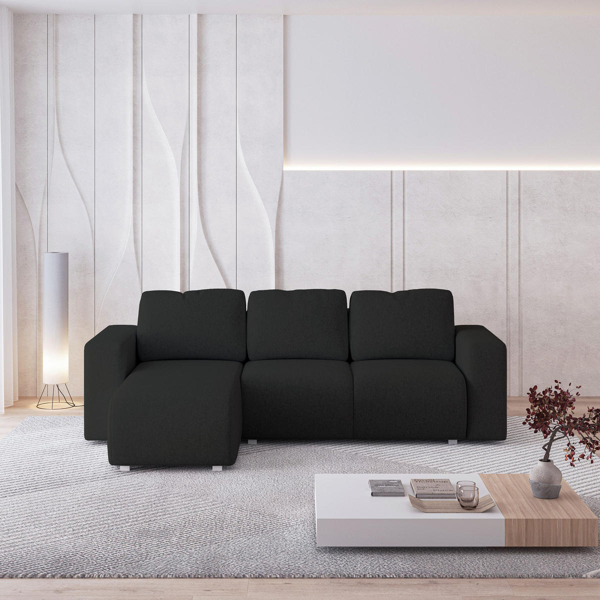 ECKSOFA RINOVA Schwarz Geflochtener Stoff mit Schlaffunktion - Schwarz, Holz (250/143cm) - MASSENO