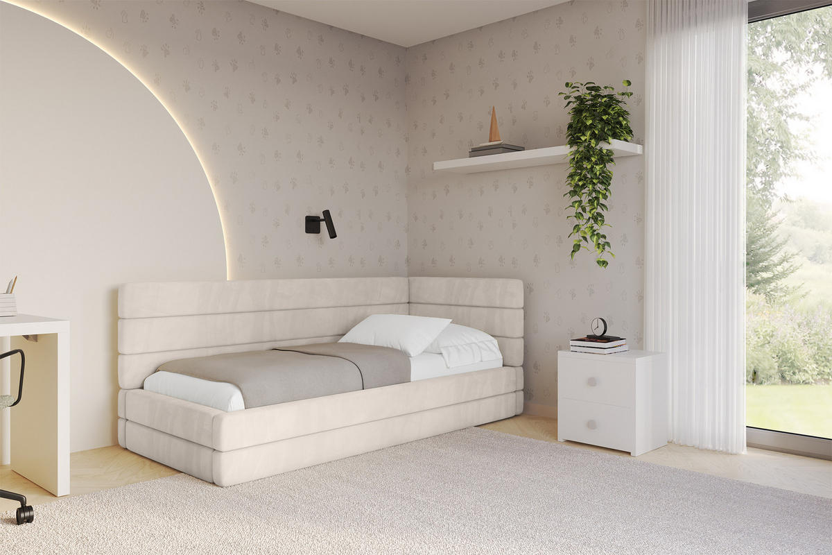 EINZELLBETT Jugendbett mit Bettkasten, Links - BEMY 90x200 Beige - Ecru, Holzwerkstoff/Textil (90/200cm) - ALTDECOR
