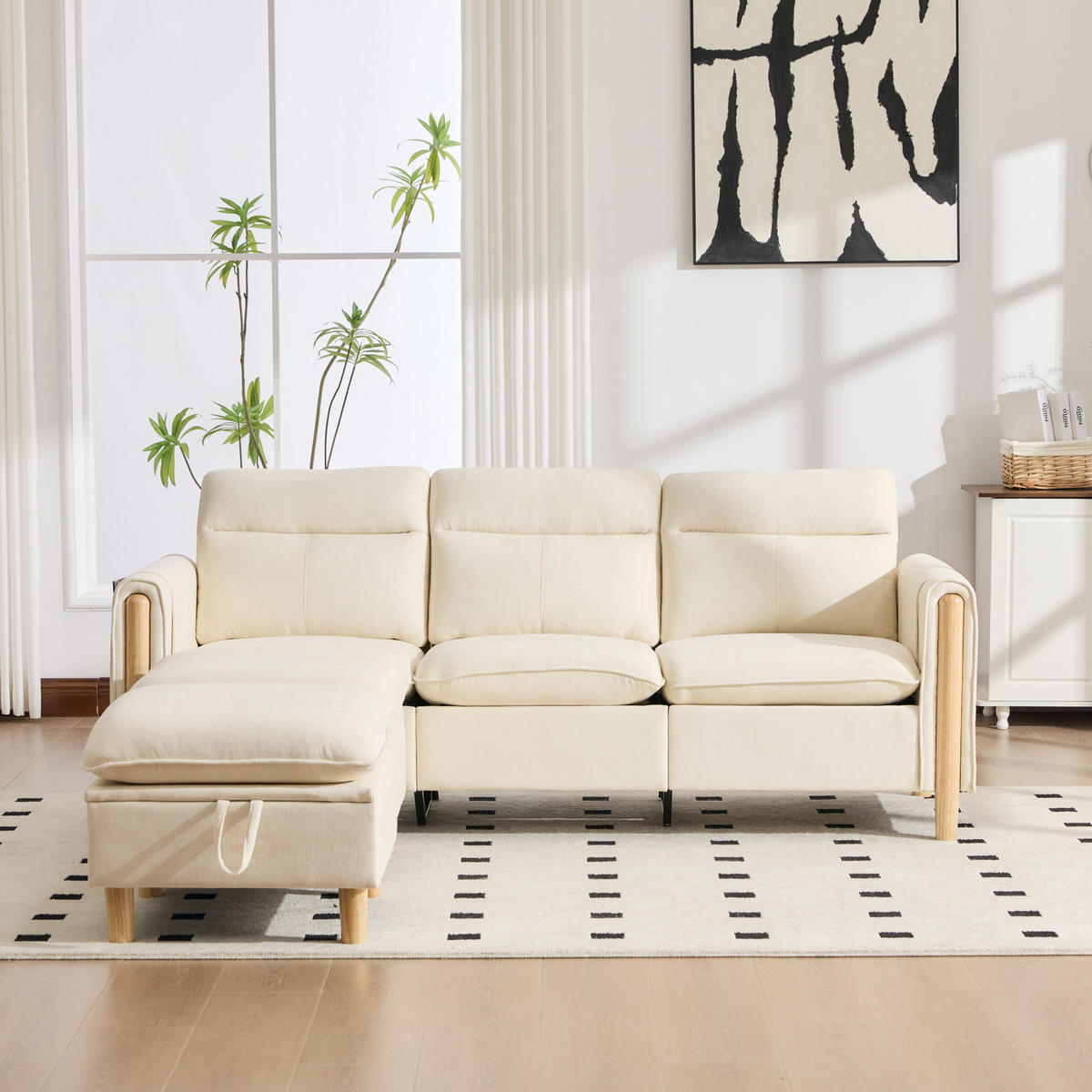 SOFA mit Stauraum und Hocker 201 cm Beige - Beige, Holz (77/201cm) - Meubliv