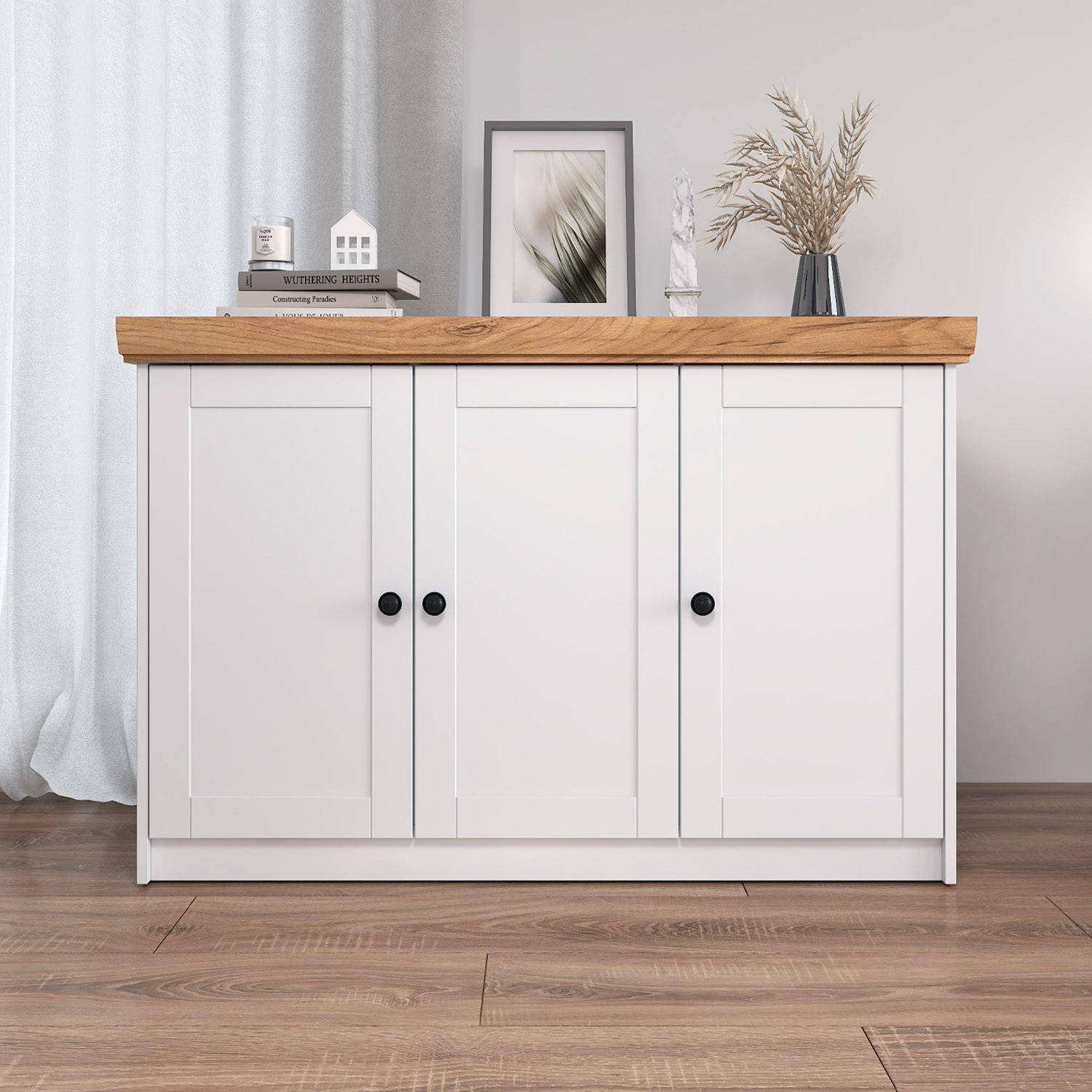 SIDEBOARD 134/82/41 cm weiß Eiche - Schwarz/Weiß, Holz/Metall (134/82/41cm) - Homestyle4u