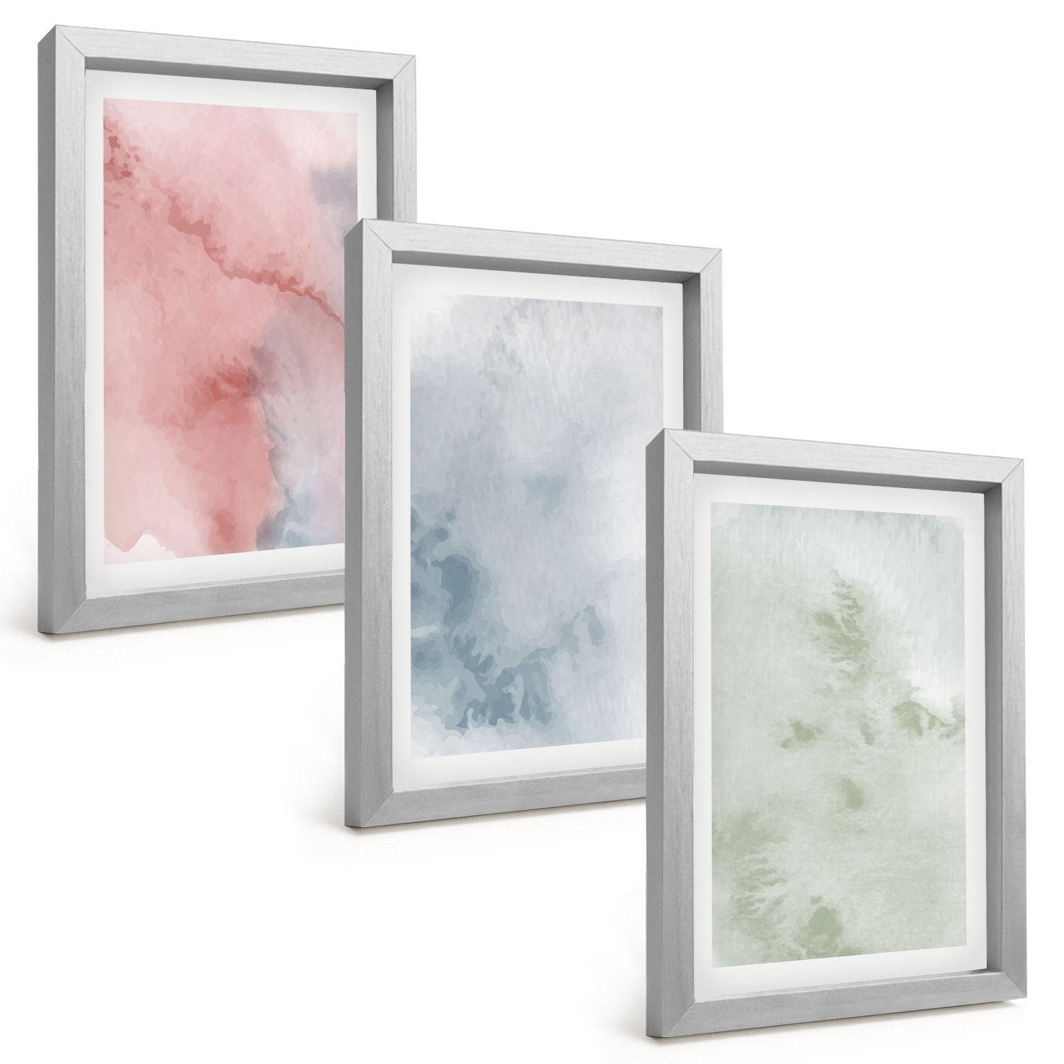 BILDER SET 3er Set - 20x30 cm Silberner Rahmen - Pastellfarbene Aquarellstrukturen - Silberfarben, Kunststoff (20/30cm) - TULUP