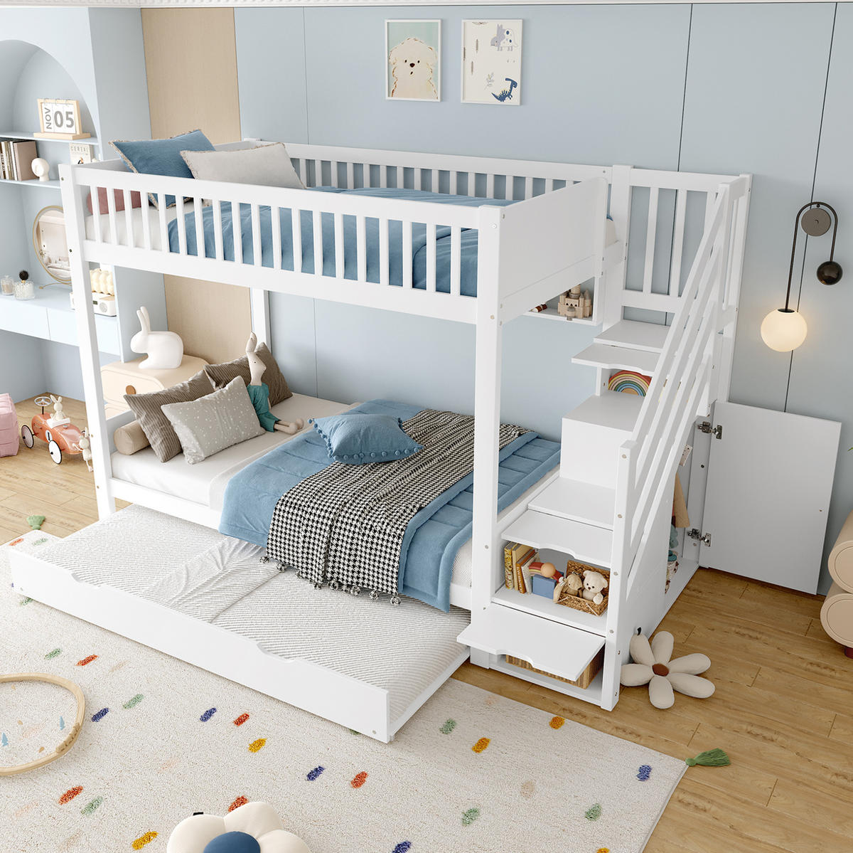 ETAGENBETT 90/200 cm in Weiß mit Ausziehbett, Kleiderschrank und Stauraum - Weiß, Holz (90/200cm) - BEAOK