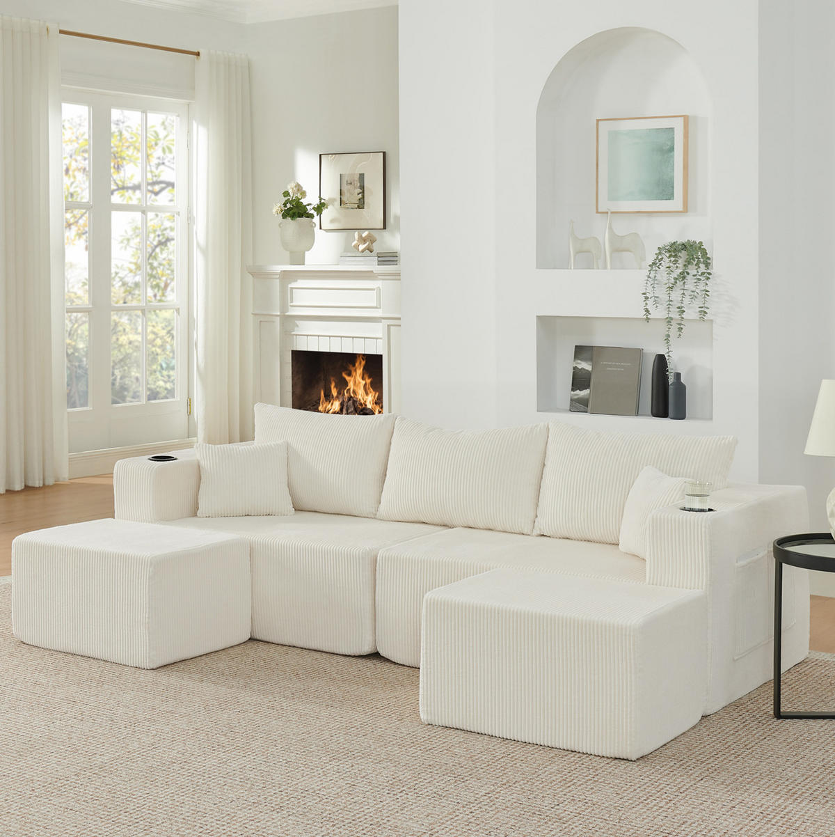 SOFA modulares Ecksofa 3-Sitzer Cord Beige mit 2 Ottomanen - Beige, Kunststoff (230/75/138cm) - IVMEU