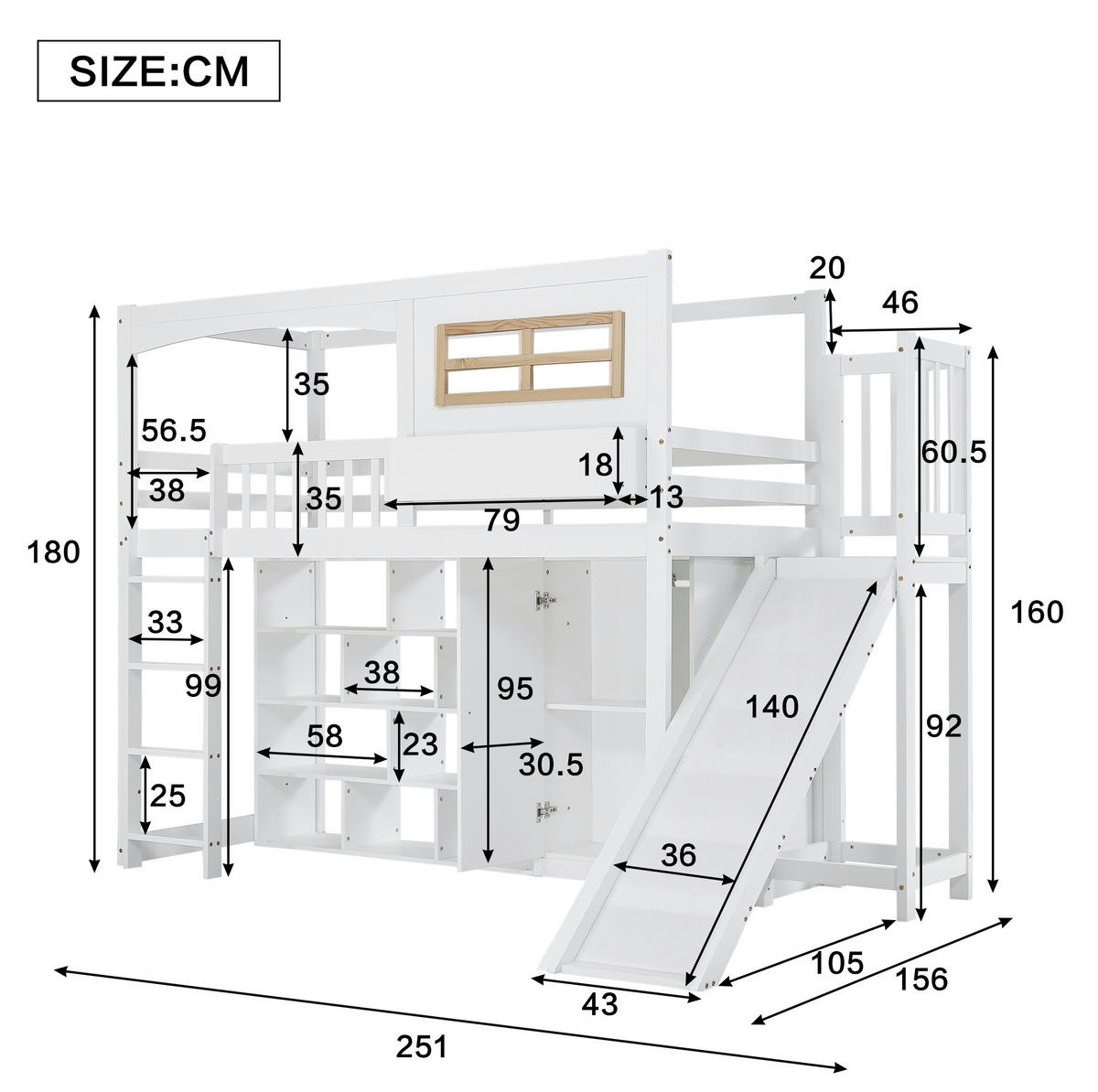 ETAGENBETT 90/200 cm, Weiß mit Rutsche, Kleiderschrank, ohne Matratze - Weiß, Holz (90/200cm) - MIVRAY