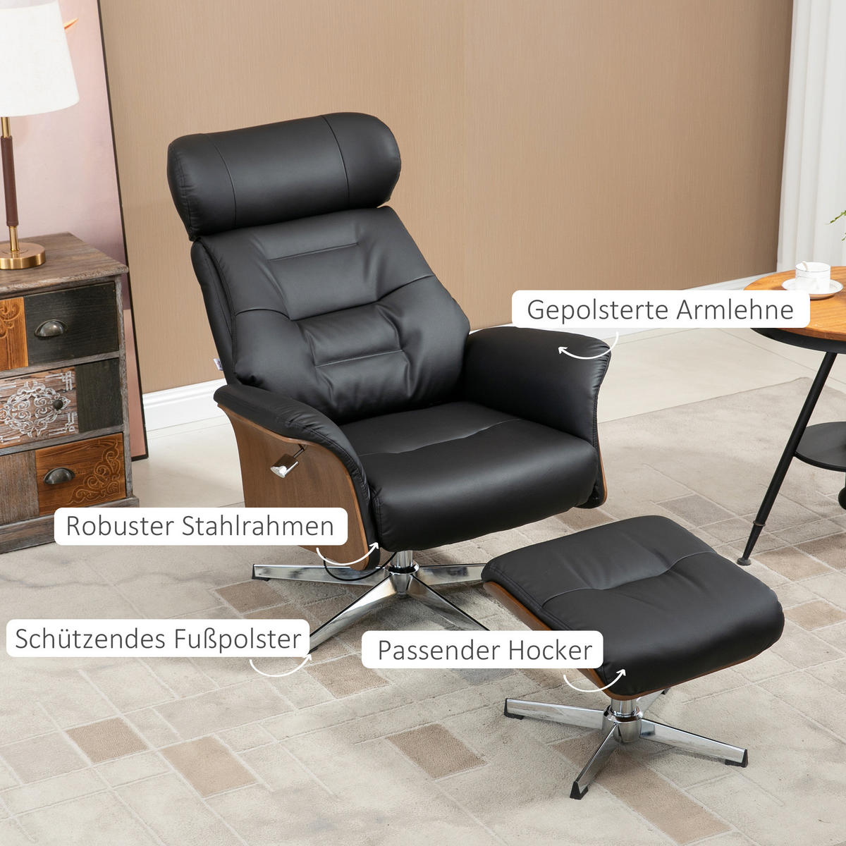 RELAXSESSEL mit Hocker, Fernsehsessel mit Liegefunktion Ruhesessel, TV-Sessel - Silberfarben/Schwarz, Leder/Metall (84/108/80cm) - HOMCOM