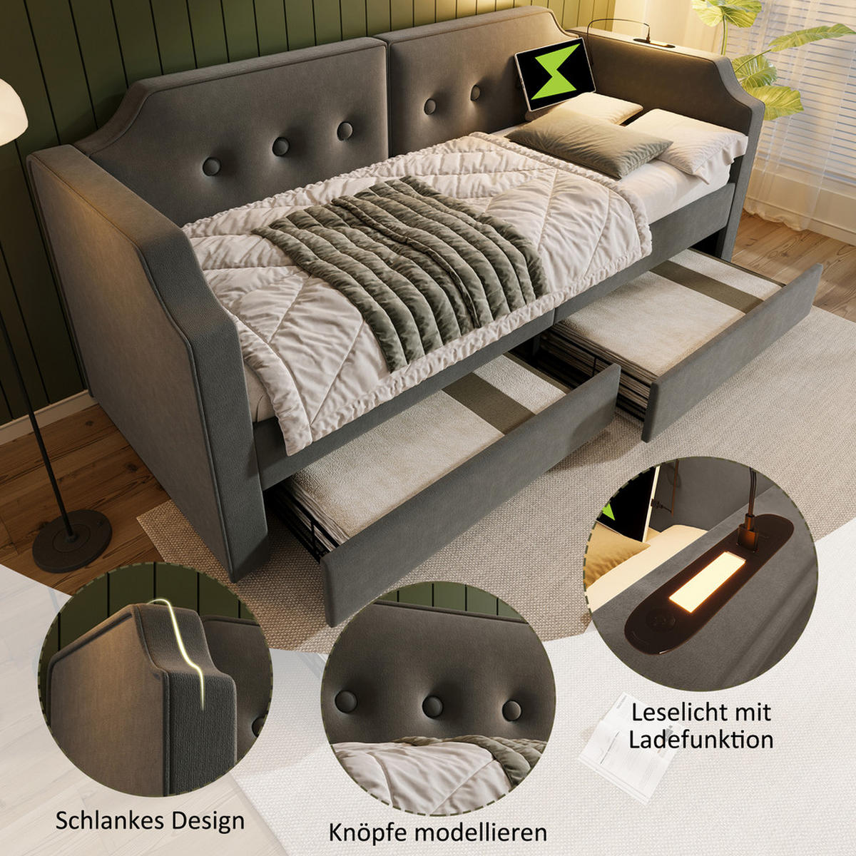 TAGESBETT 90x200cm Schlafsofa USB-C Leselicht 2 Schubladen Grau Samt - Grau, Holz - FLIEKS