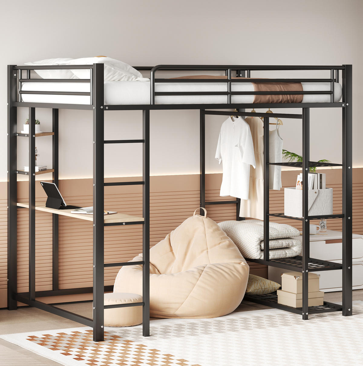 HOCHBETT 140/200 cm aus Metall und MDF mit Schreibtisch und Kleiderstange Schwarz - Schwarz, Metall (140/200cm) - Modenvie