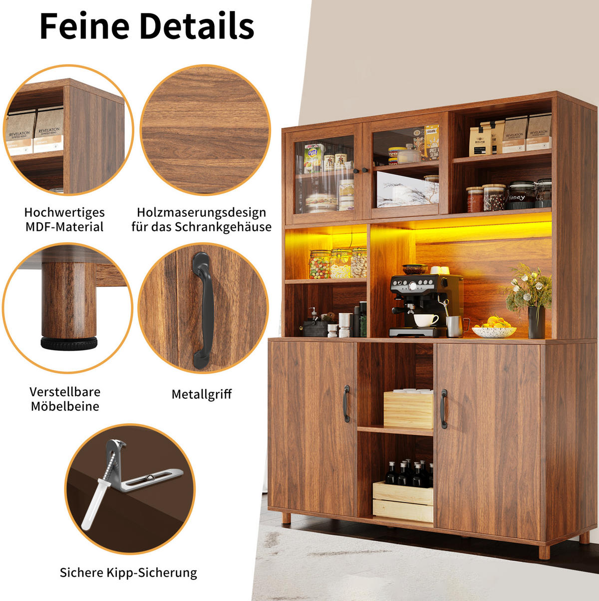 ANRICHTE 140/40/185 cm in Walnussfarben mit LED-Beleuchtung und Glastüren - Braun, Glas (140/185/40cm) - Flora Grace