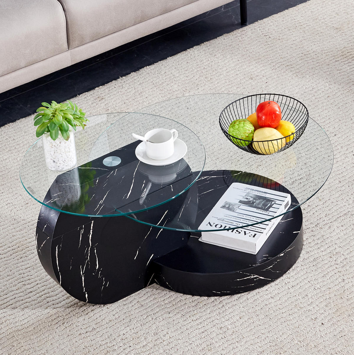 COUCHTISCH aus MDF und Glas Ø49,8/69,8 cm in Schwarz mit Ablagen - Schwarz, Glas (89.9/89.9/43.2cm) - Modfu
