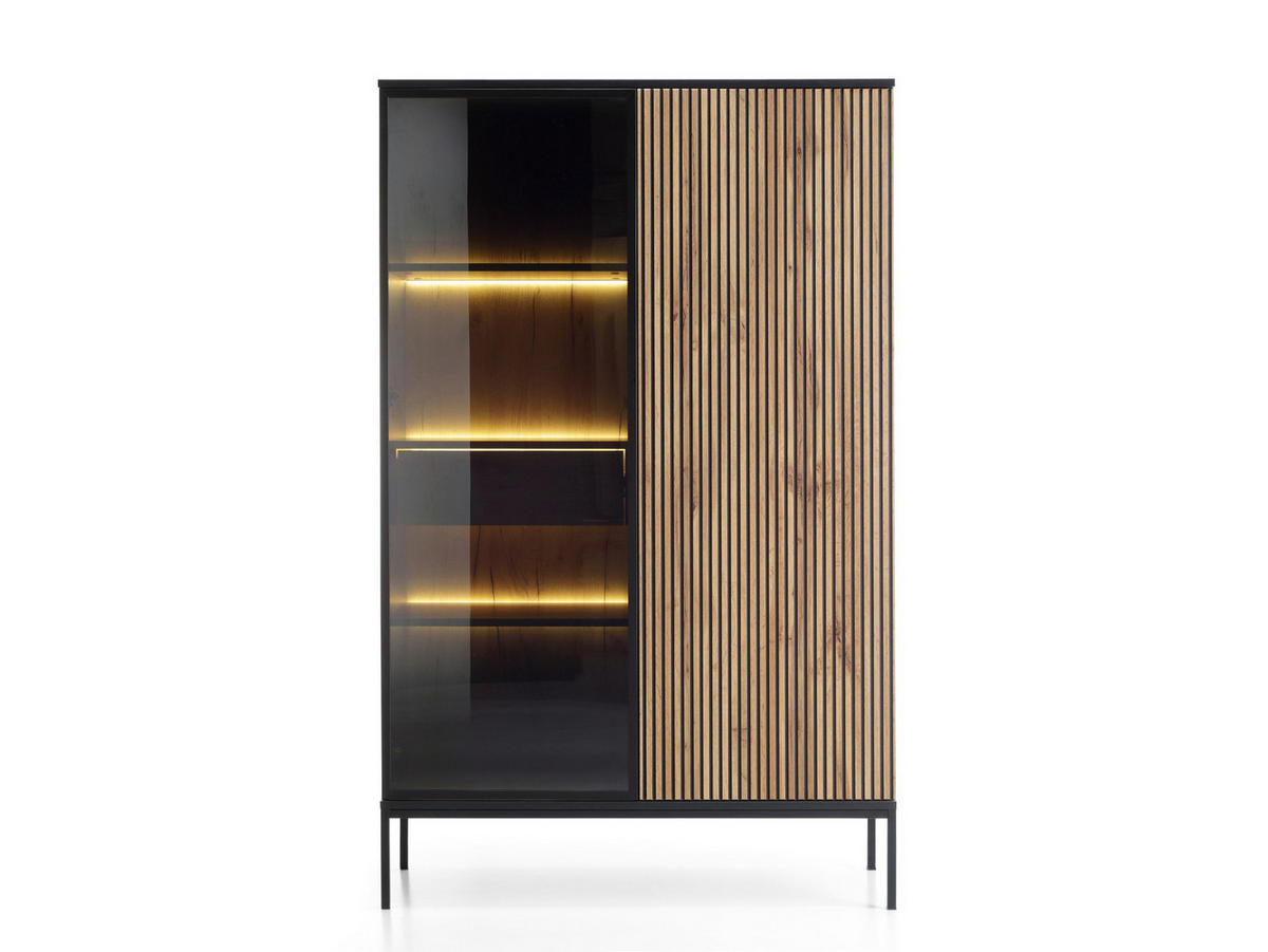 MODERNE Geriffelte Hochvitrine LAGOS W2D1SZ (Schwarz, Eiche Wotan, LED, Metallfüße, Push to Open) - Eiche Wotan/Schwarz, Glas/Holz (104/166/39cm) - Ravio