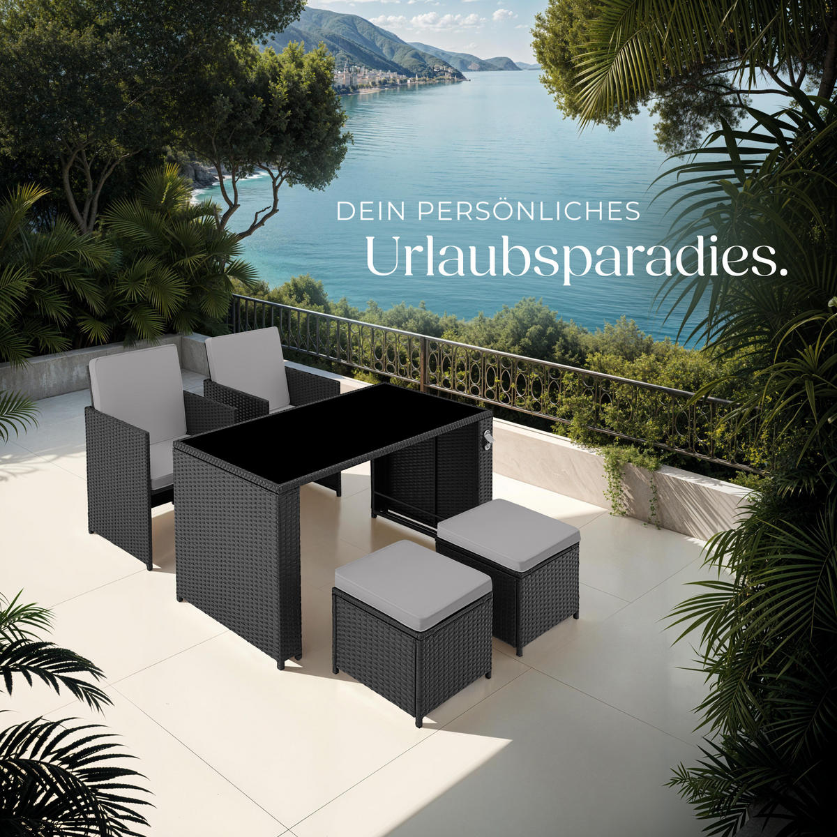 RATTAN SITZGRUPPE Palermo,inklusive Flaschenöffner, zusammenschiebbar,schwarz/grau - Schwarz/Grau, Kunststoff - tectake