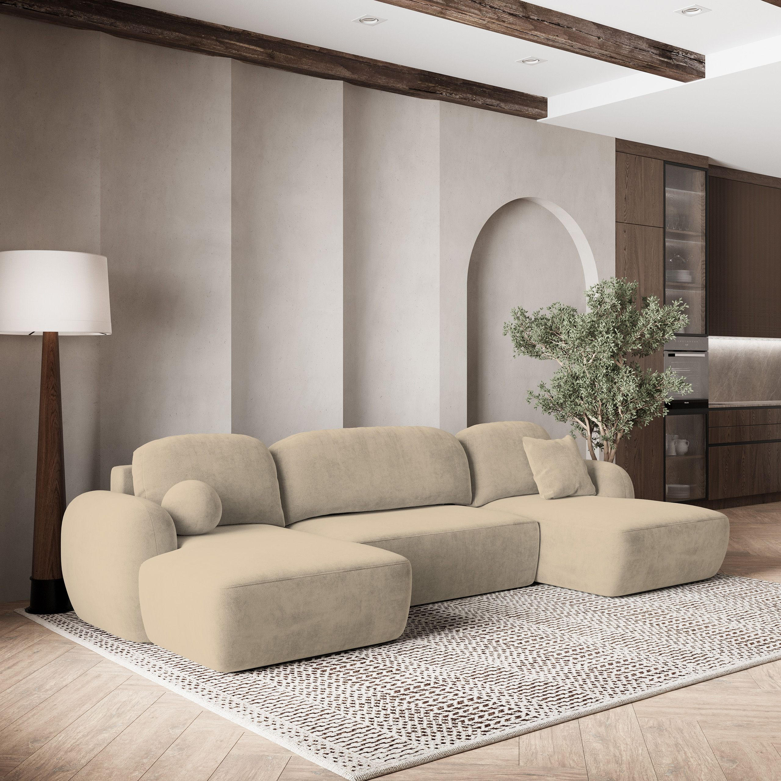 WOHNLANDSCHAFT SAVONA K Beige Plüsch-Stoff mit Schlaffunktion - Beige, Holz (350/90/148cm) - MASSENO