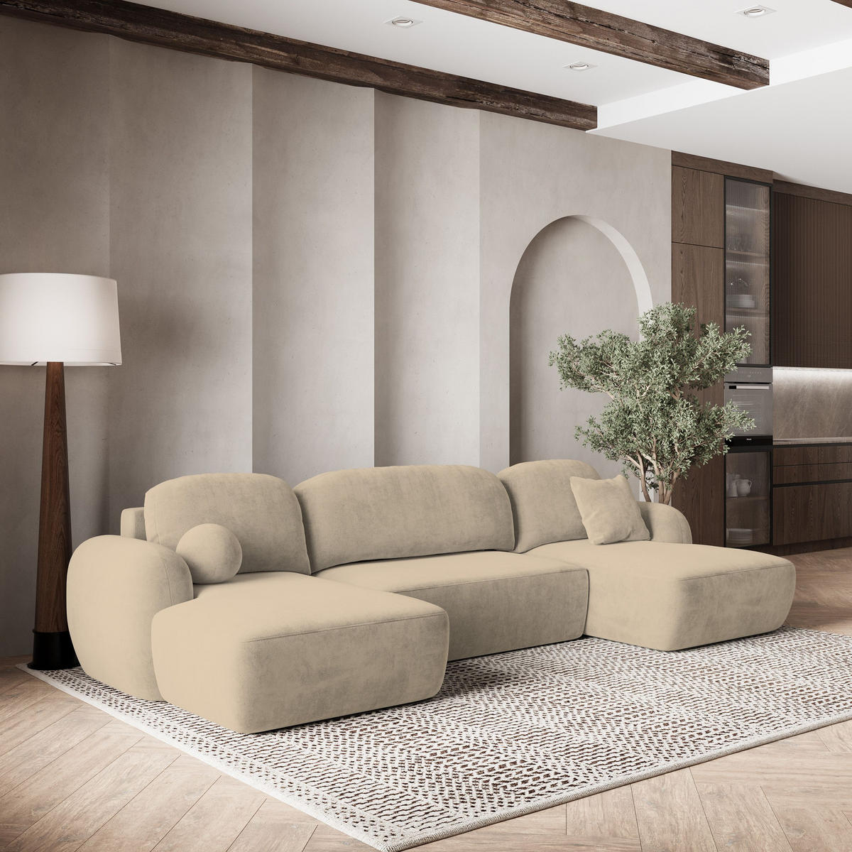 WOHNLANDSCHAFT SAVONA K Beige Plüsch-Stoff mit Schlaffunktion - Beige, Holz (350/90/148cm) - MASSENO