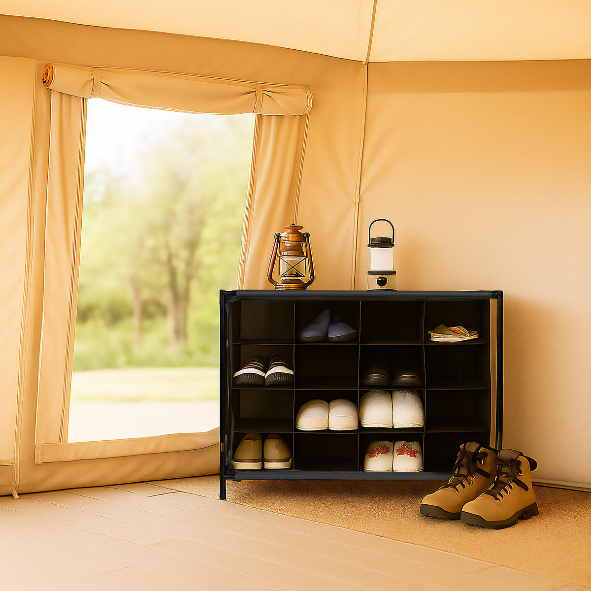 CAMPING-SCHUHREGAL - Schwarz, Kunststoff/Textil (84/65/36cm) - Relaxdays
