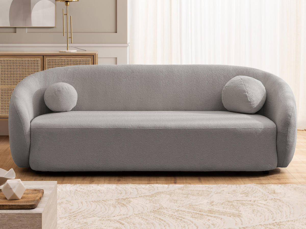 SITZGARNITUR 3+2+1 Roundi Grau Bouclé - Schwarz/Grau, Holz/Kunststoff (208/76/80cm) - S-Style Möbel