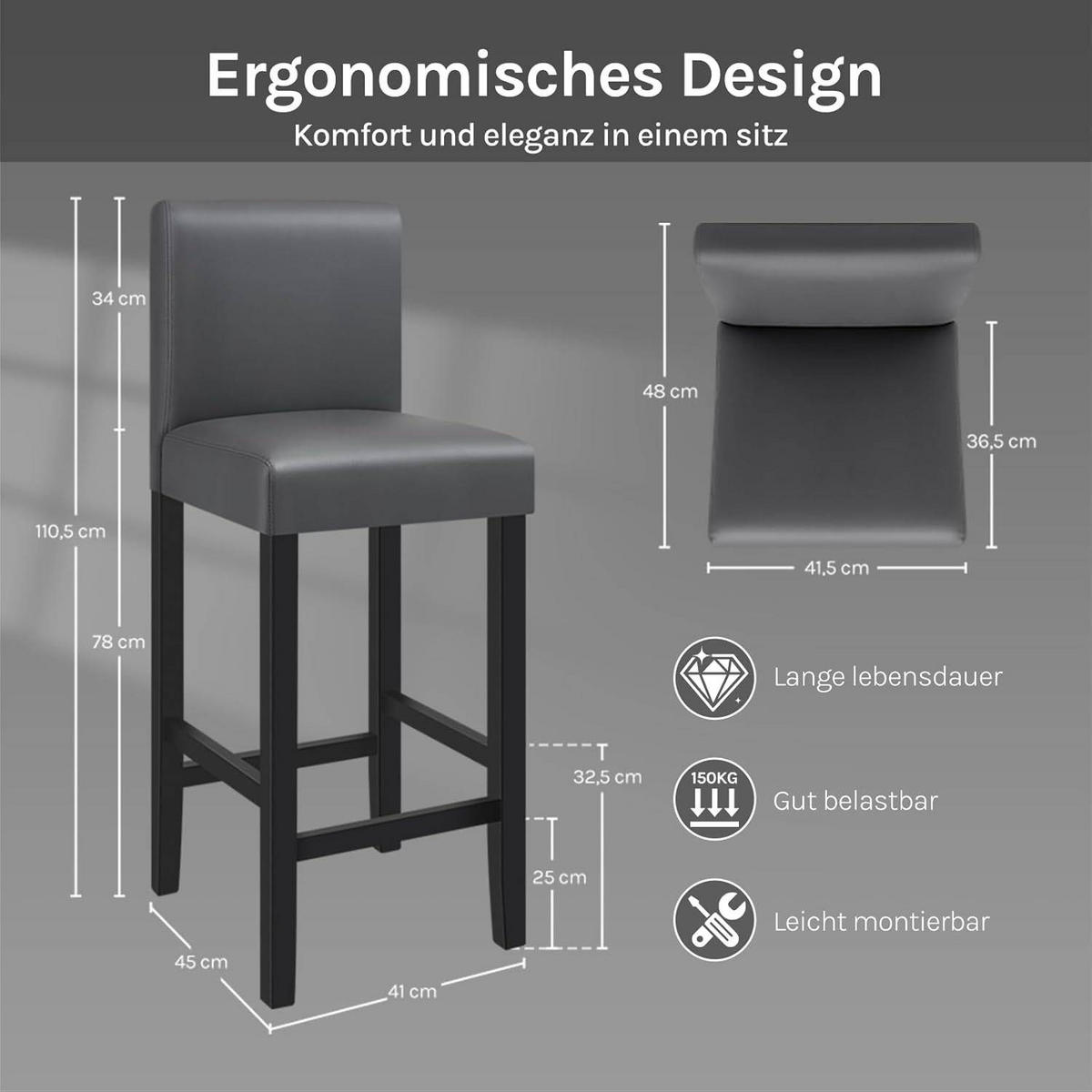 BARHOCKER 2er Set, Massivholz, Antirutschgummi, Kunstleder - Grau, Holz (41.5/110.5/48cm) - Woltu