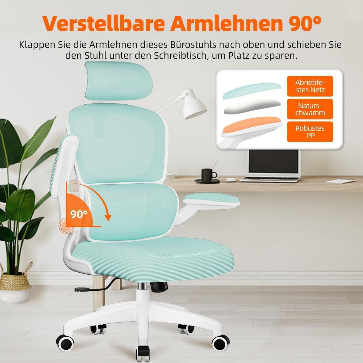 BÜROSTUHL mit Klappbaren Armlehnen Blaugrün - Türkis, Textil (65/135/65cm)