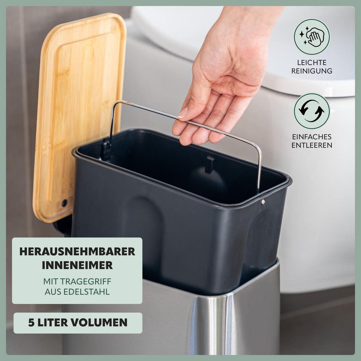 ABFALLEIMER, Edelstahl mit Bambusdeckel - Edelstahlfarben, Metall (14/28.5/30cm) - bremermann